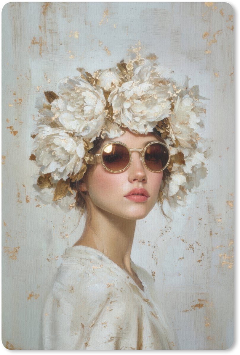 Muismat 18x27 cm - Mousepad Schilderij - Vrouw - Zonnebril - Bloemenkrans - Muismatten