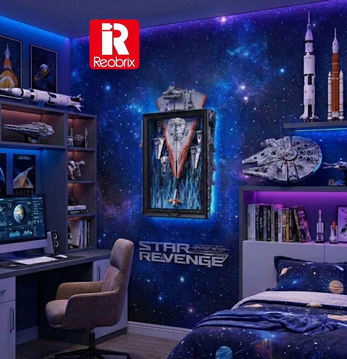 Reobrix 99007 Millennium Star Wall art bouwset | Space wars constructie modelbouw | Educatief ruimte militair & leger speelgoed bouwpakketten voor kinderen & volwassenen | DIY Wanddecoratie schilderij geschikt voor Lego | Bouwdoos met 5964 bouwstenen — afbeelding 8