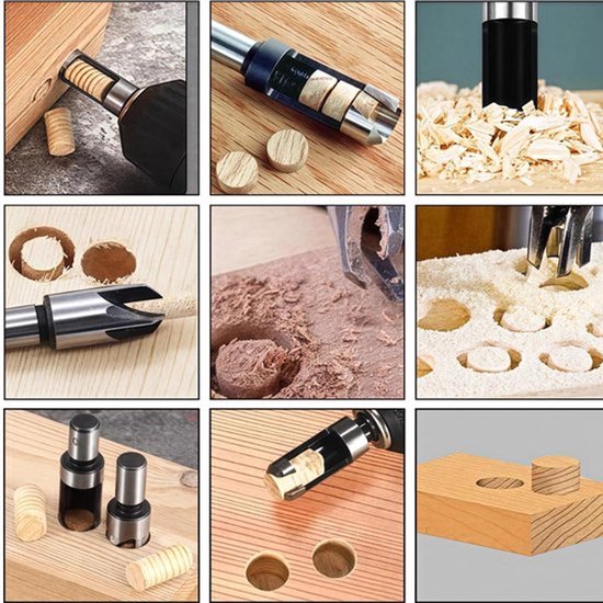 Collage toont diverse toepassingen van houtsnijders: boren van gaten, maken van pluggen en het eindresultaat op hout.