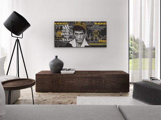Artaza Canvas Tableau Iconique Tony Montana avec Couronne sur Billet de Cent Dollars - le Monde Est à Toi - 120x60 cm - Grand - Décoration Murale Salon - Tableaux - Décoration Murale