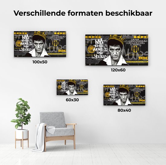 Artaza Canvas Tableau Iconique Tony Montana avec Couronne sur Billet de Cent Dollars - le Monde Est à Toi - 120x60 cm - Grand - Décoration Murale Salon - Tableaux - Décoration Murale