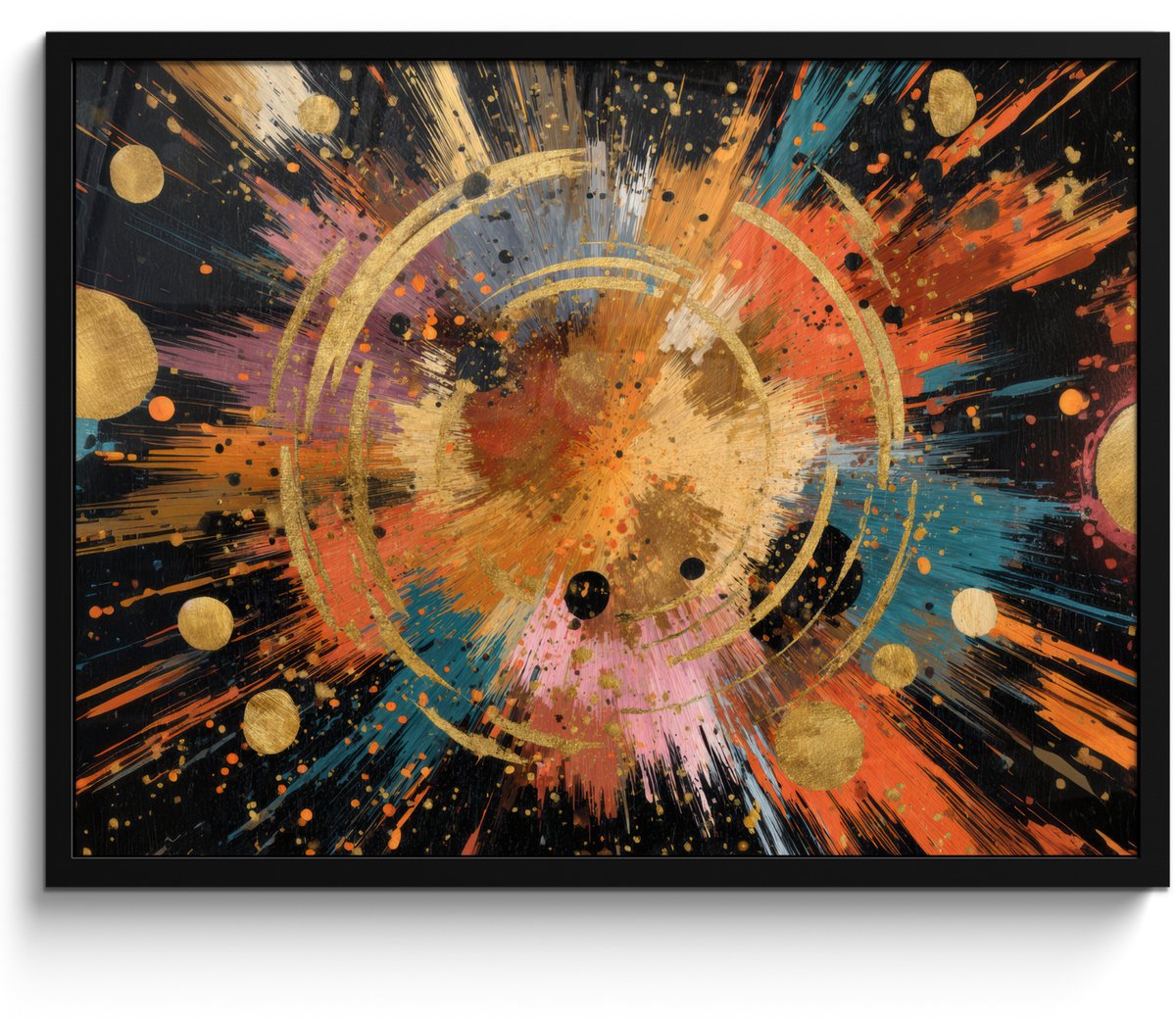 FrameYourWall Poster in lijst - Fotolijst 80x60 cm - Posters - Explosie - Verfstructuur - Goud - Abstract - Posterlijst zwart - Decoratie - Wanddecoratie woonkamer - Muurdecoratie slaapkamer