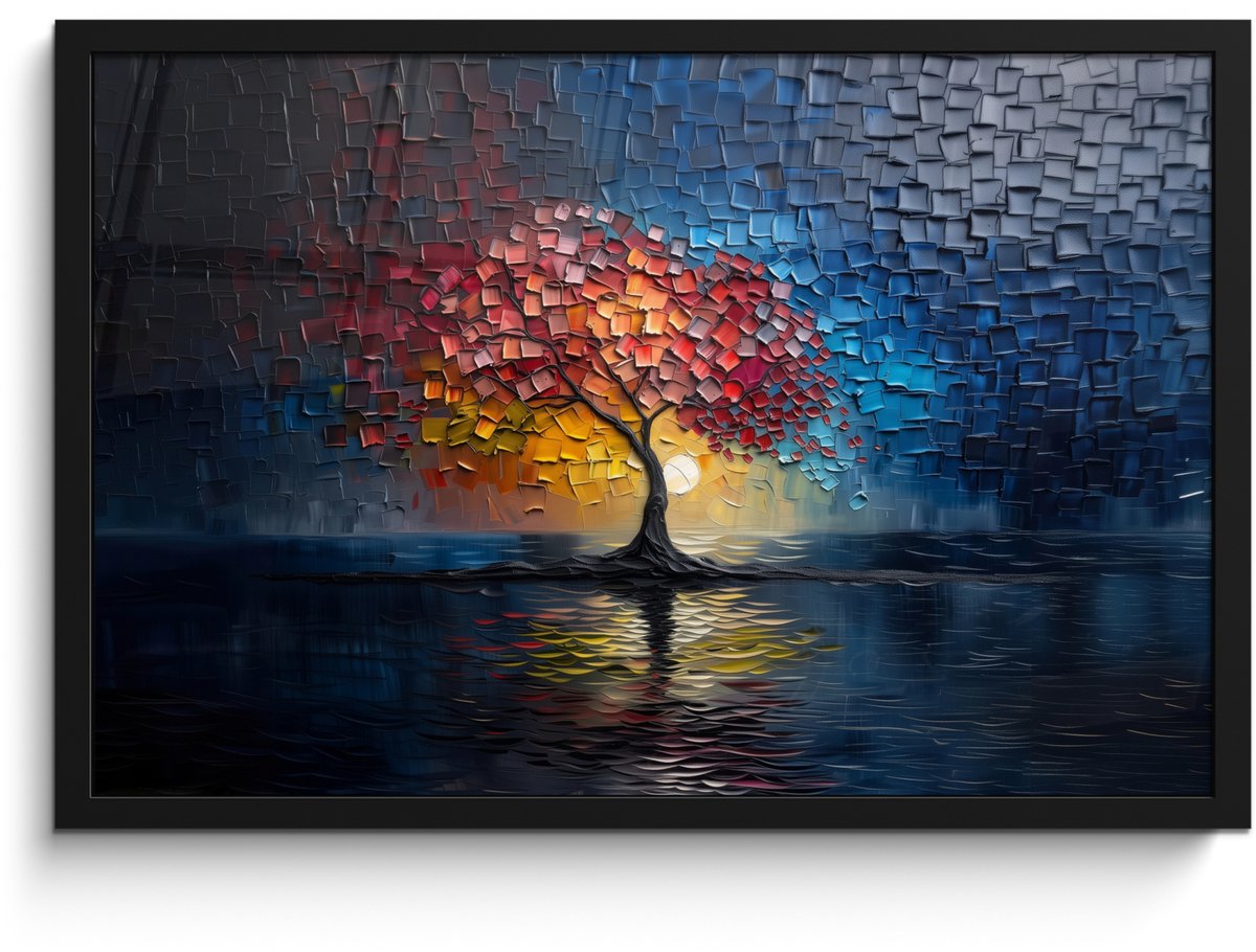 FrameYourWall Poster in lijst - Fotolijst 60x40 cm - Posters - Boom - Blauw - Bladeren - Vakken - Posterlijst zwart - Decoratie - Wanddecoratie woonkamer - Muurdecoratie slaapkamer