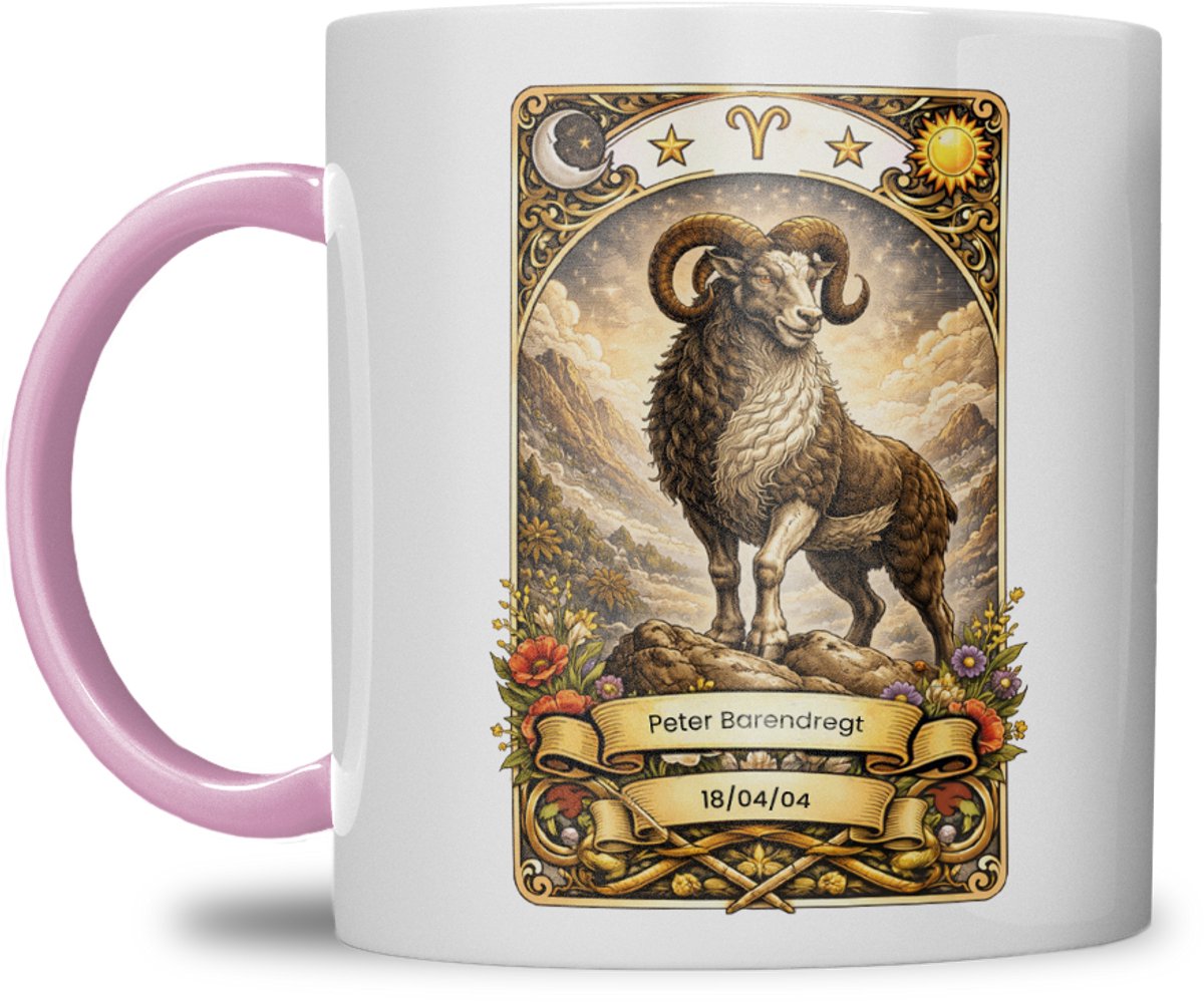 Sterrenbeeld mok - Ram - Roze - Tarot mok - Gepersonaliseerd met naam en datum