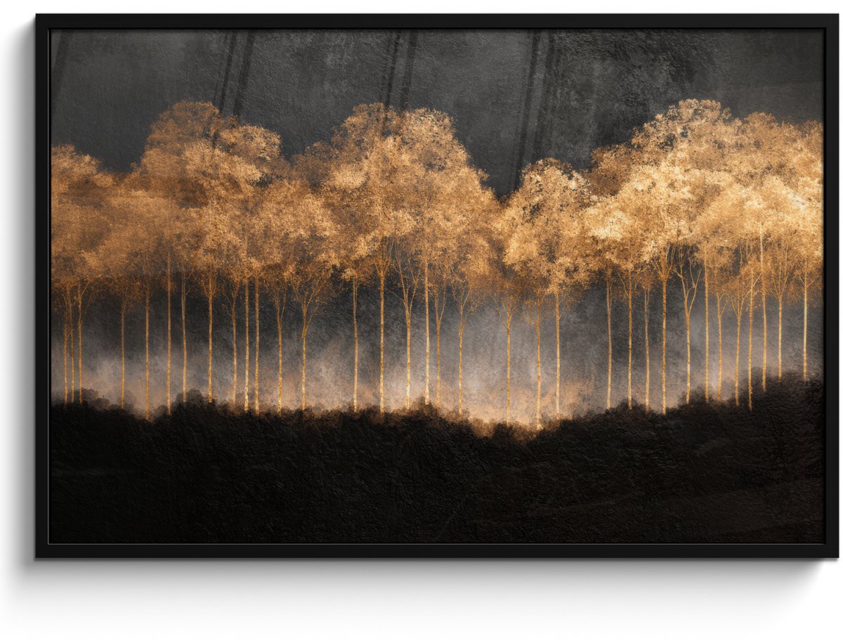 FrameYourWall Poster in lijst - Fotolijst 120x80 cm - Posters - Gouden Bomen in Mistig Landschap - Posterlijst zwart - Decoratie - Wanddecoratie woonkamer - Muurdecoratie slaapkamer Bomen - Mist - Goud