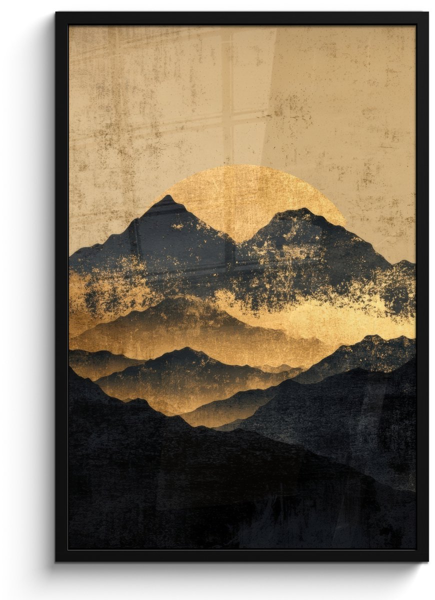 FrameYourWall Poster in lijst - Fotolijst 60x90 cm - Posters - Gouden Bergen bij Maanlicht - Posterlijst zwart - Decoratie - Wanddecoratie woonkamer - Muurdecoratie slaapkamer Bergen - Goud - Schilderij