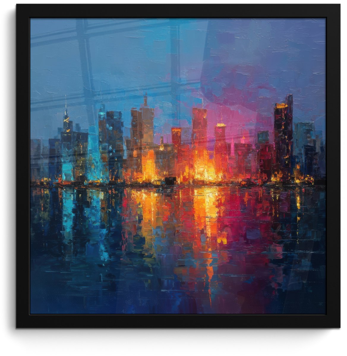 FrameYourWall Poster in lijst - Fotolijst 40x40 cm - Posters - Skyline - Penseelstreken - Donkerblauw - Lichtgevend - Posterlijst zwart - Decoratie - Wanddecoratie woonkamer - Muurdecoratie slaapkamer