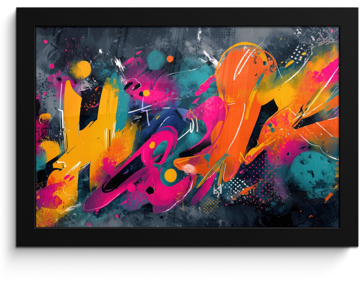 FrameYourWall Poster in lijst - Fotolijst 30x20 cm - Posters - Abstract - Graffiti - Kleurrijk - Verfspatten - Posterlijst zwart - Decoratie - Wanddecoratie woonkamer - Muurdecoratie slaapkamer