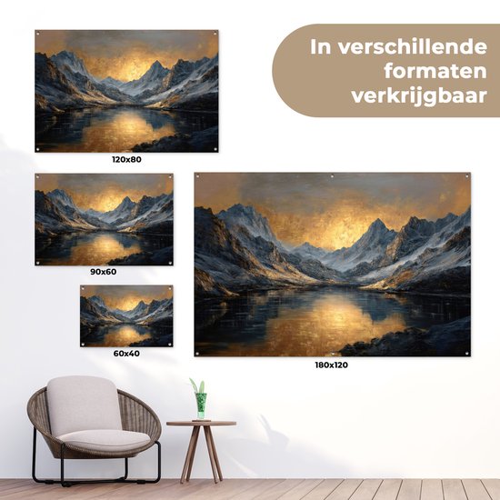 Affiche de jardin 120x80 cm - Décoration de jardin Paysage montagneux avec Coucher de soleil doré - Affiche pour le jardin - Décoration extérieure - Peinture de clôture de jardin - Toile de jardin décoration murale - Décoration murale toile de balcon