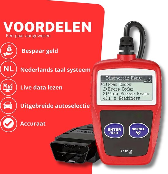 Rode OBD2 scanner met voordelen: bespaar geld, Nederlands taal systeem, live data.