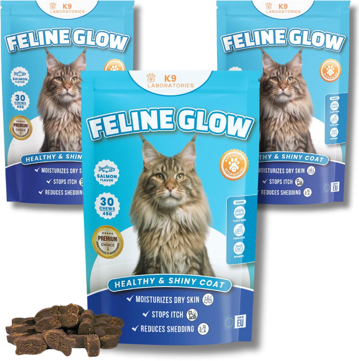 Feline glow vacht supplement voor katten - Kattensnoepjes - Voedingssupplement tegen vachtverlies, schilferige huid, rode irritatie, atopie, dermatitis - Bevat Omega 3, EPA & DHA, biotine, zink - 90 stuks