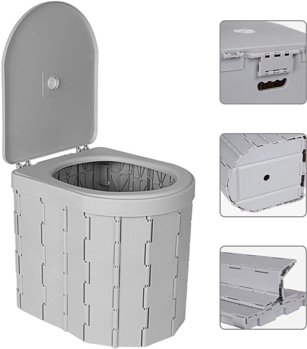 Draagbaar Toilet - Toiletemmer - Draagbaar & Opvouwbaar - Camping Toilet Opvouwbaar - Autoklaptoilet - Ideaal voor Kamperen, Festivals & Outdoor - Grijs