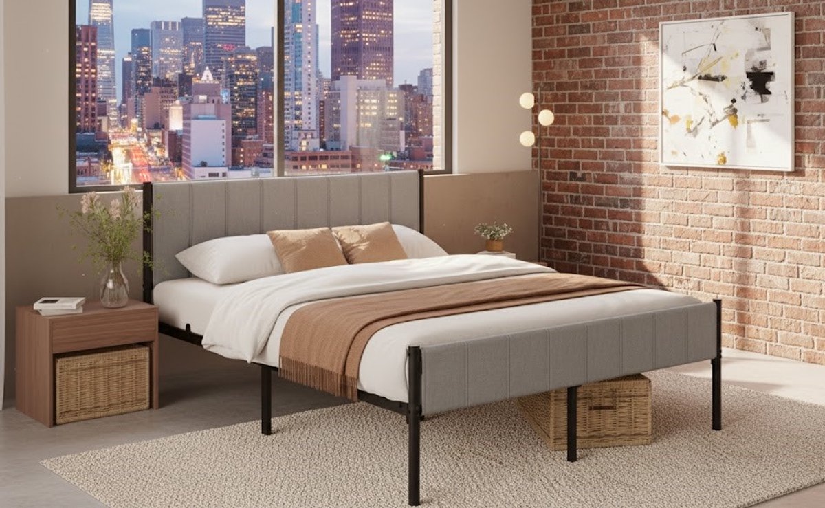 Modern Tweepersoonsbed 160x200 cm met Gestoffeerd Hoofdeinde – Stalen Lattenbodem, Stabiel & Stil, Opbergruimte Onder Bed – Eenvoudige Montag