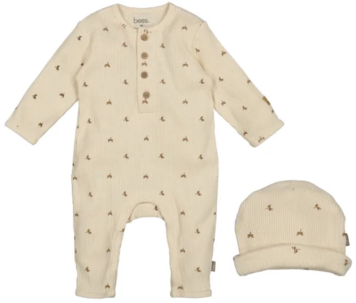 B.E.S.S. Unisex Jumpsuit en mutsje beige printje maat 62