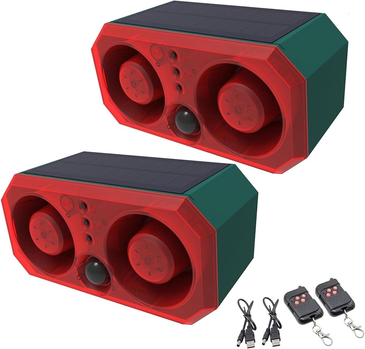 Motion Sensor Alarm - Solar Powered - 2 Set Sound & Strobe Light - Dog Barking Detector - Personalized Recording Siren - Adjustable Volume Security System for Farm Yard
