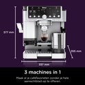 Zilverkleurige Ninja koffiemachine met afmetingen: 377 mm hoog, 337 mm breed, 355 mm diep.
