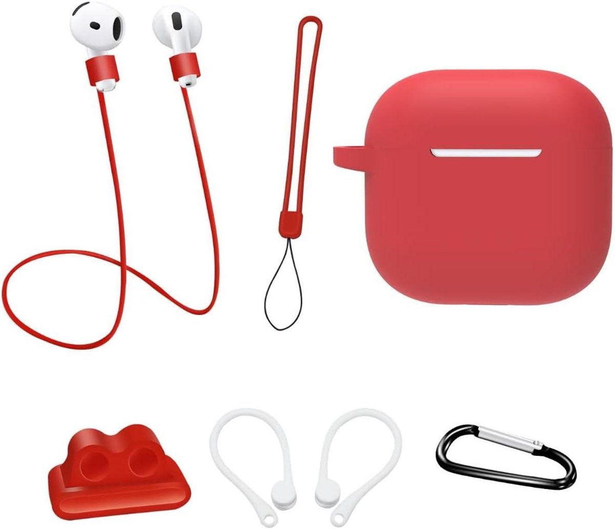 CSGoods - Siliconen beschermhoes voor Apple Airpods 4 Gen - Accessoireset met Watch-standaard, sleutelhanger, anti-verlies touw en oorhaak - Rood - 8-delige set