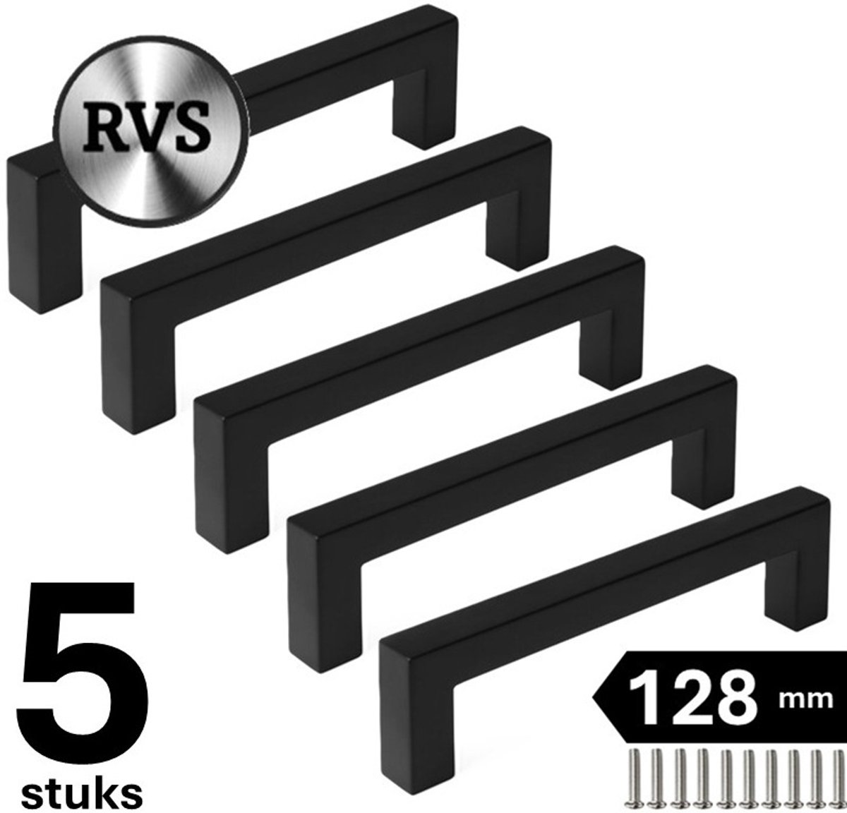 5 X MSQDESIGN Handgrepen RVS zwart - Boormaat 128mm - zwarte Handgreep voor Keuken & Kast - Moderne Meubelgreep - Keukengreep Mat zwart -Kastgrepen- zwarte Greepjes Keuken - zwarte RVS Handvatten - Deurgreepjes -incl schroeven