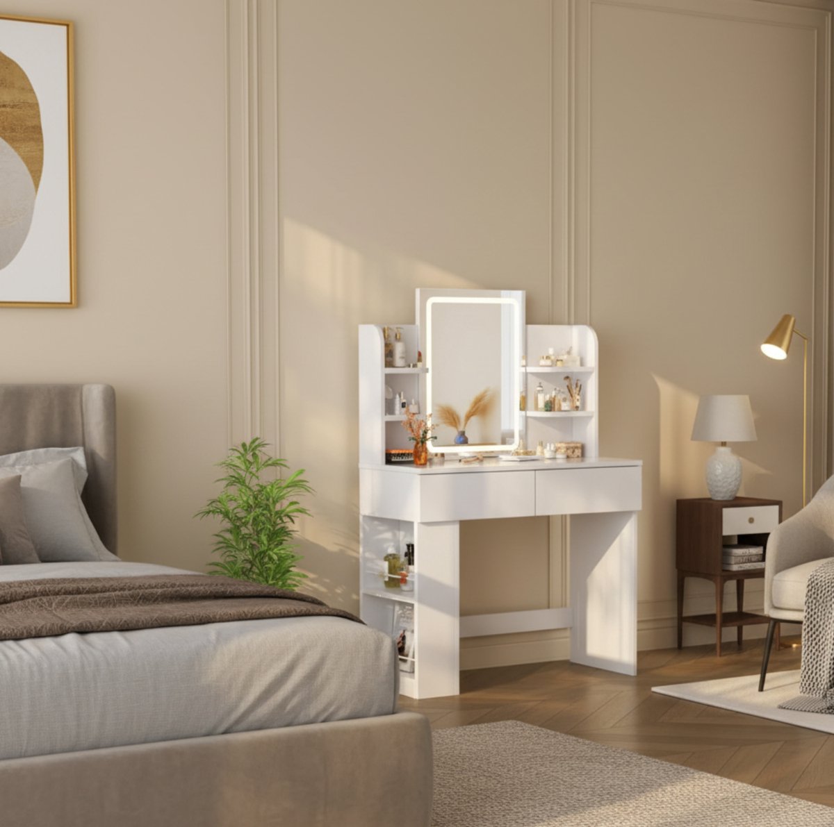 Make-uptafel 90×40×135 cm – Witte Kaptafel met LED Spiegel, 2 Laden, 4 Legplanken, 3 Kleurtemperaturen & Instelbare Helderheid, Modern Design, Cosmeticatafel voor Slaapkamer en Kleedkamer – Altameubel