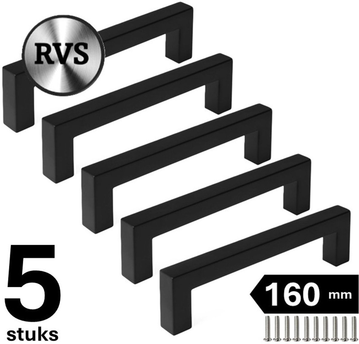 5 X MSQDESIGN Handgrepen RVS zwart - Boormaat 160mm - zwarte Handgreep voor Keuken & Kast - Moderne Meubelgreep - Keukengreep Mat zwart -Kastgrepen- zwarte Greepjes Keuken - zwarte RVS Handvatten - Deurgreepjes -incl schroevene