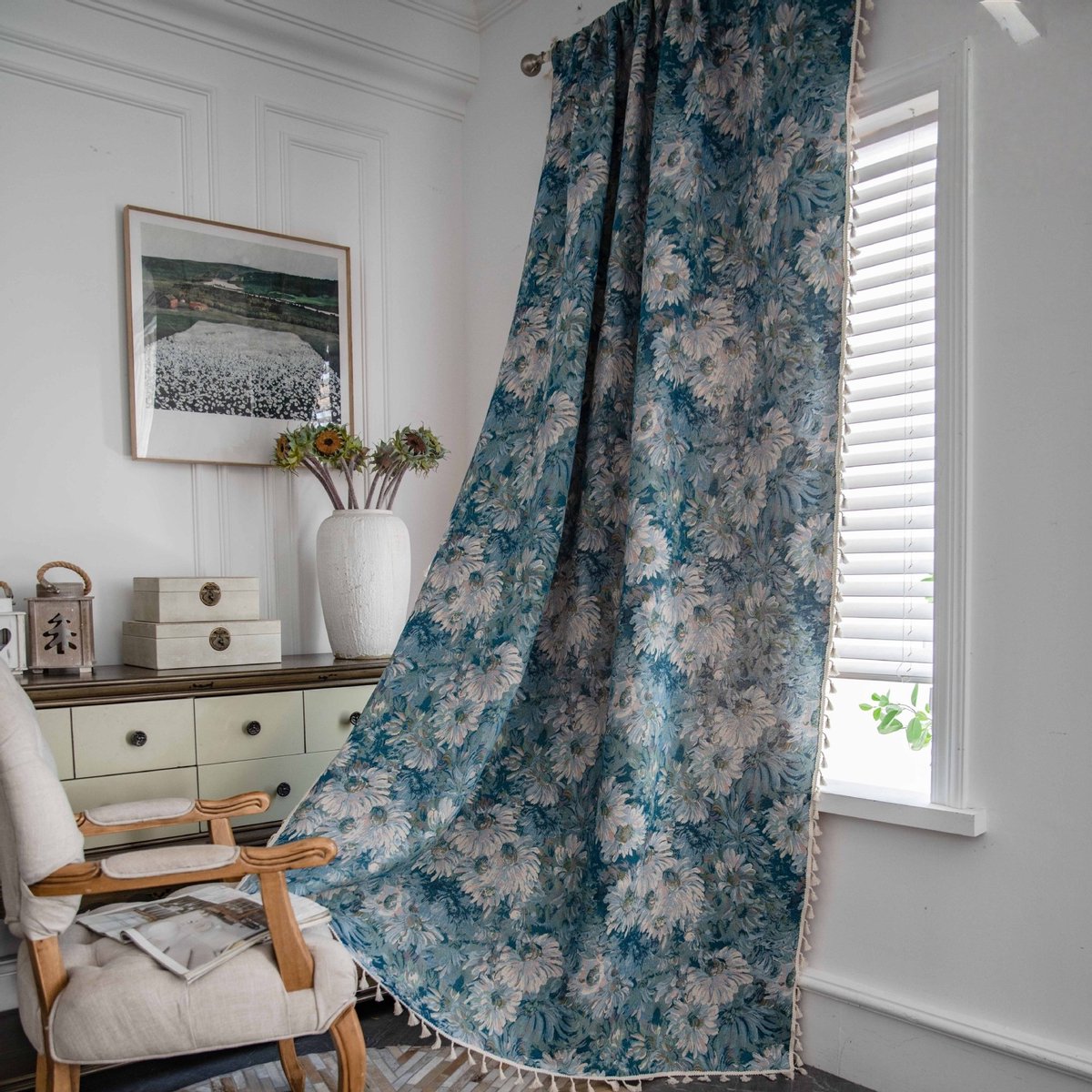 Floraweg Vintage bloemenprint kwastjes boerderij kamer verduisterend gordijn, woonkamer, slaapkamer, landhuisdeur,blauw,roedezakken,140x220cm