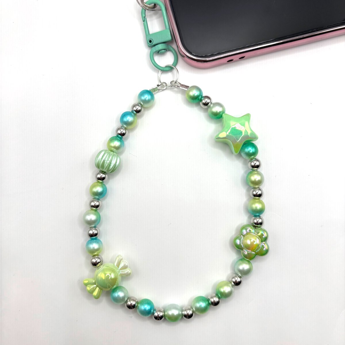 Love Beadz - Green Twinkle - handgemaakte kralen telefoonkoord - polsband - sleutelhanger