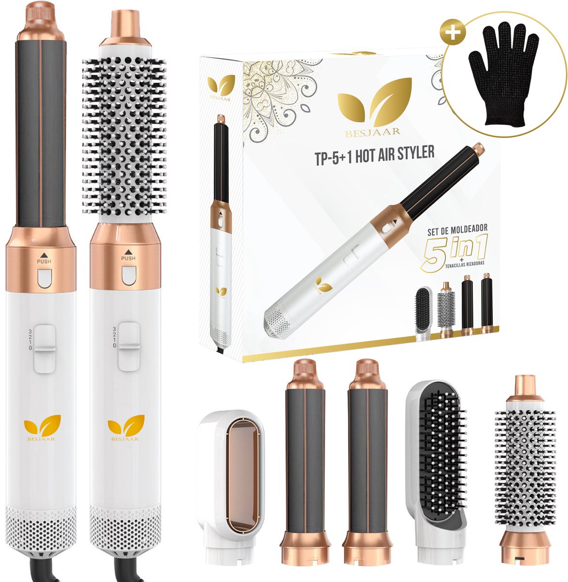 Besjaar Airstyler Krultang 5 in 1 - Multistyler Föhnborstel - 5 in 1 multi styler- 2025 model - Stijltang - Hairwrap - Haardroger met Borstel - Wit/Goud met handshonen