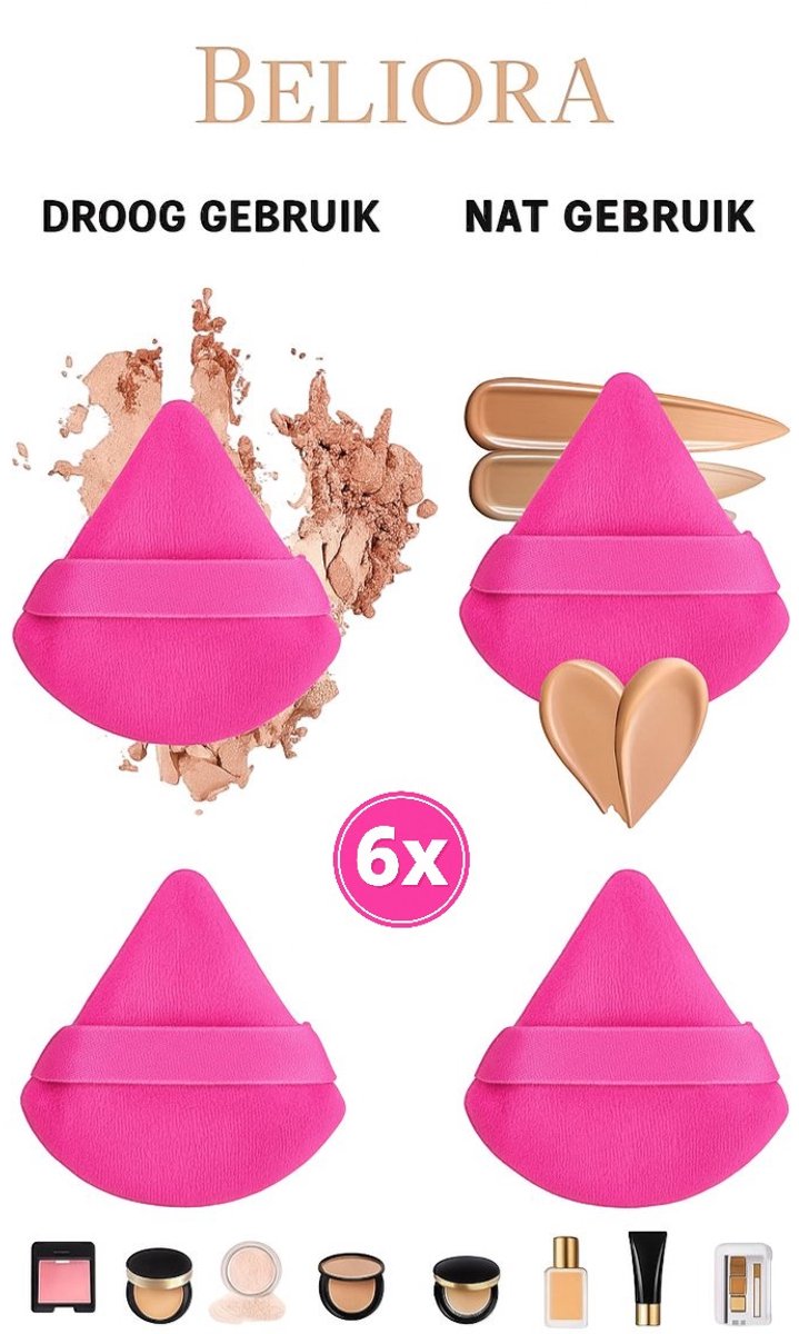 Make-up Sponsjes – Powder Puff Driehoek – Beauty Blender – Poederspons – 6 Stuks – Roze