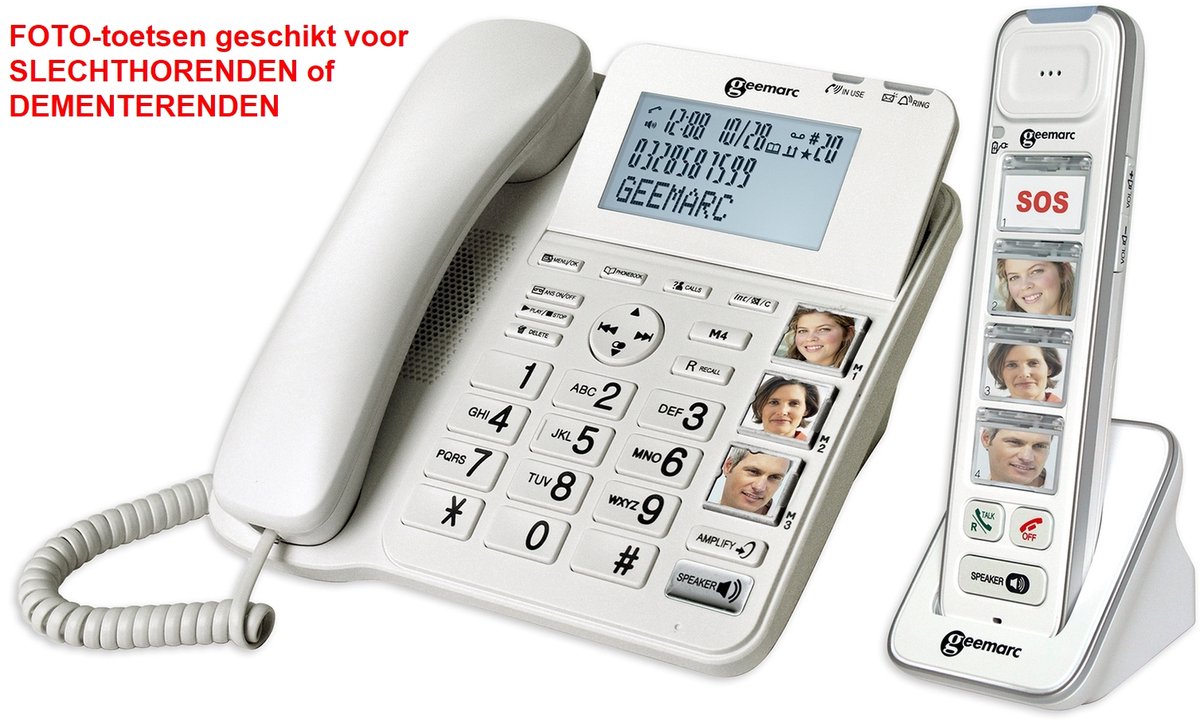Vaste telefoon met 3 FOTO-TOETSEN + draadloze telefoon met 4 FOTO-TOETSEN - geschikt voor SLECHTHORENDEN - Combi 295-4