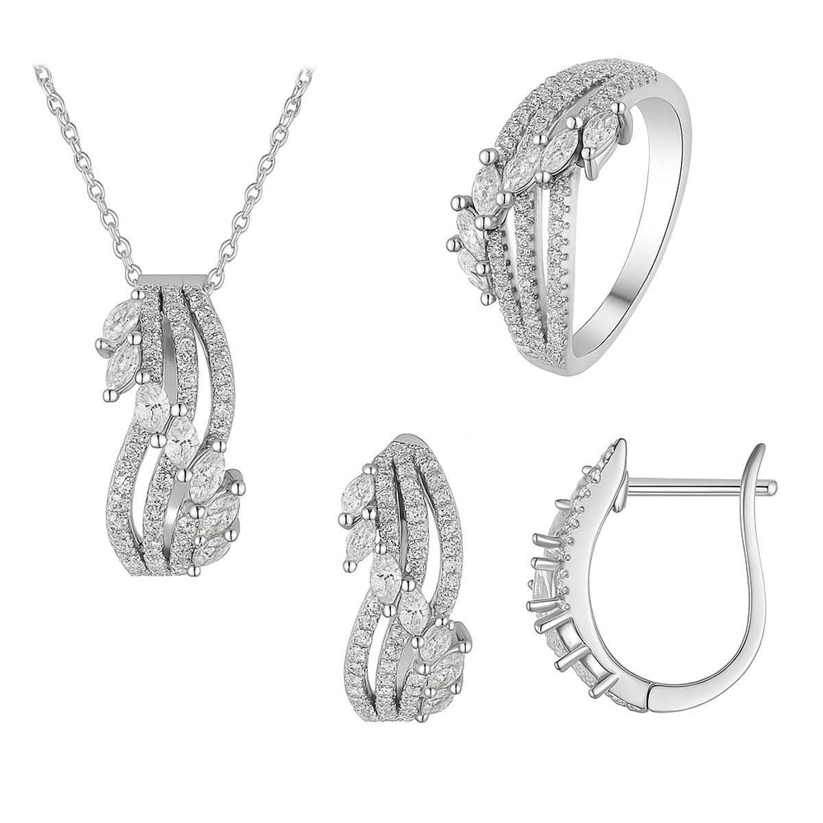 925 Zilveren Sieradenset met Zirkoon – Luxe Golvend Design - Ringmaat 17