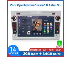 Awesafe Autoradio - Geschikt Voor Opel Meriva Corsa C D Astra G H - Draadloos Apple Carplay & Android Auto - Android 14 - Radio met navigatie - 7 inch HD touchscreen - Ram 2GB + Rom 64GB - Zilveren