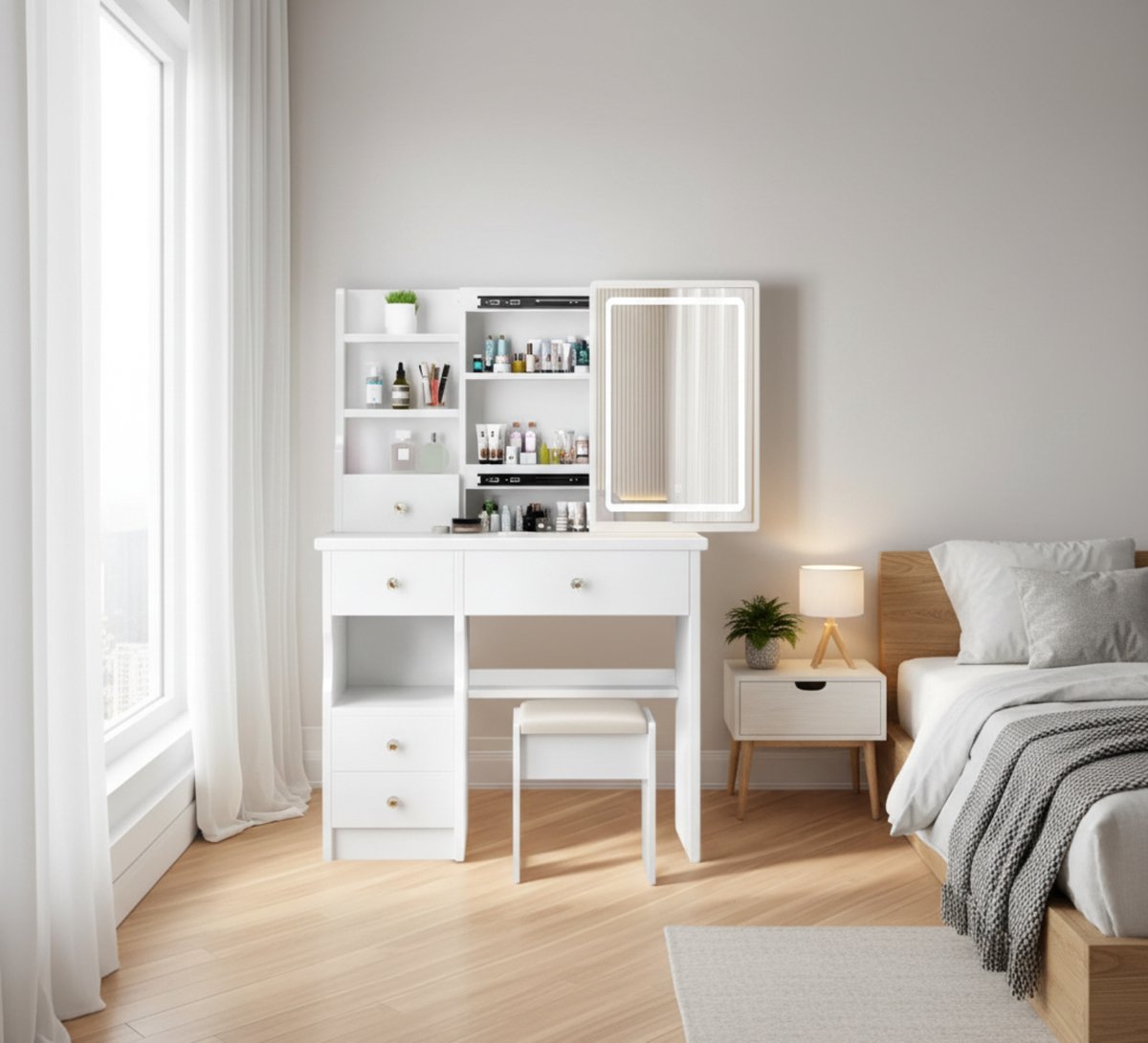 Make-uptafel met Spiegel en LED-verlichting 3 Kleuren Dimbaar, 5 Laden + 3 Planken, Modern Houten Kaptafel met Kruk 80 x 34 x 128 cm – Altameubel