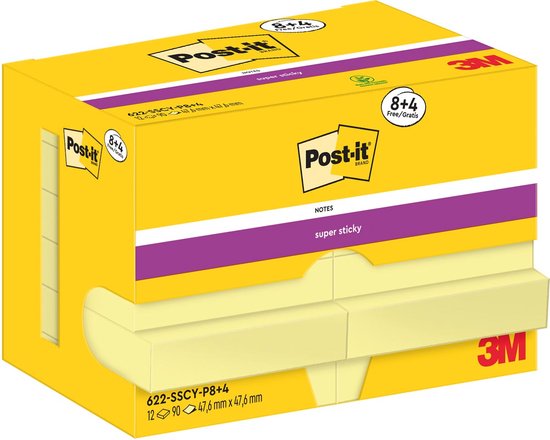 Gele Post-it Super Sticky Notes, 47,6 mm x 47,6 mm, pak van 12 + 4 gratis.