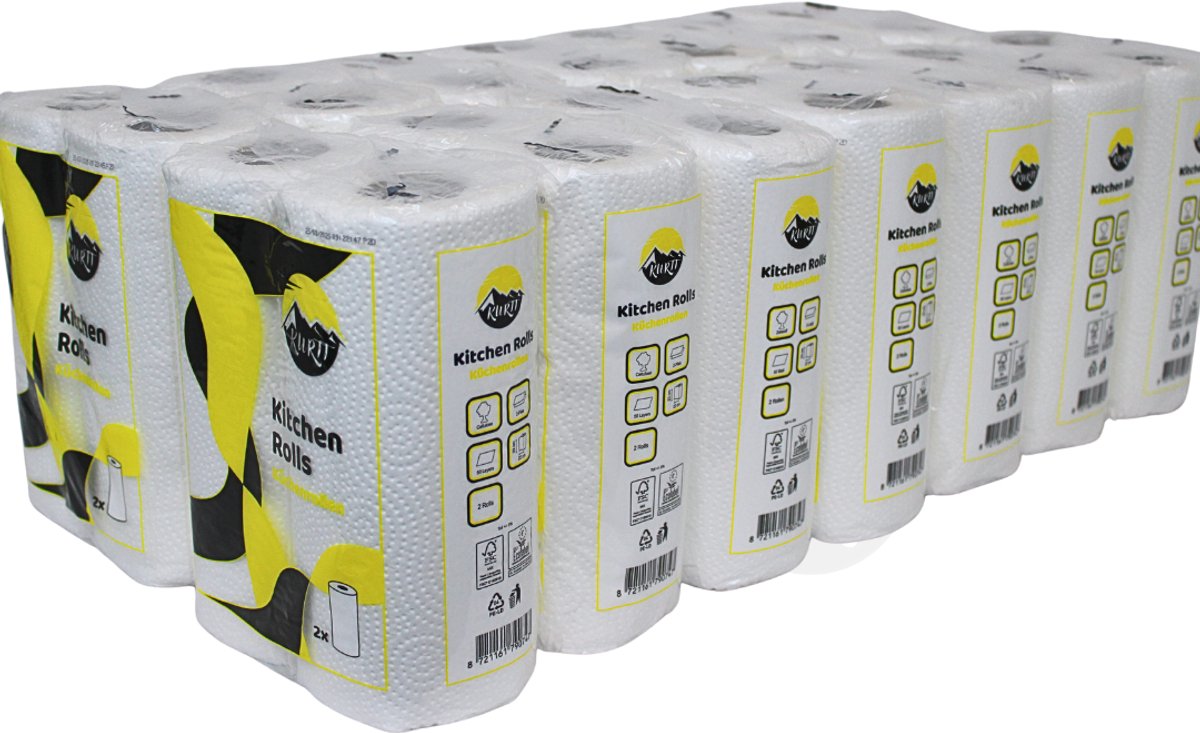 KURTT Keukenrol VERNIEUWD papier dikte tot wel 25% - 32 rollen per zak - 2-laags cellulose wit, 50 vellen per rol, met Ecolabel FSC Certified - Keukenpapier - Keukenrollen - keukenrol Voordeelverpakking - Poetspapier