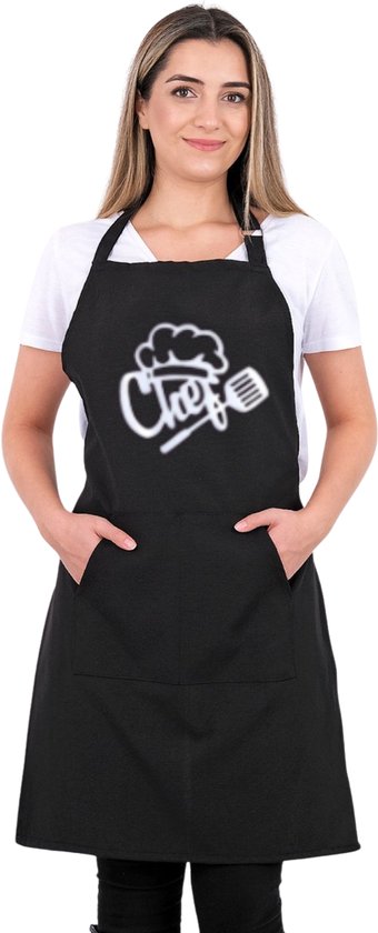Chef Master Keukenschort - Zwart - 60x80 cm - Kookschort met Zakken - Verstelbare Nekband - Keukenschort dames - Keukenschort Heren