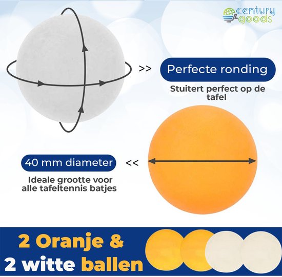 Twee tafeltennisballen van 40mm diameter, één oranje en één wit, op een witte achtergrond.