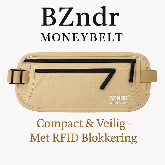 Foto: Bzndr moneybelt luxe reisportemonnee spatwaterbestendig unisex geldriem heuptasje buideltasje ruim formaat one size fits all