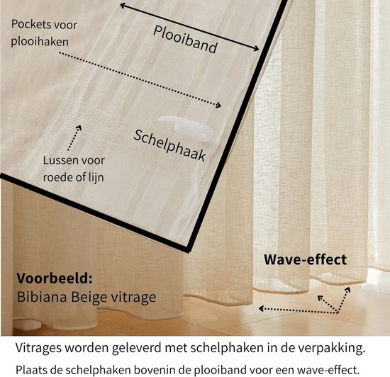 Maroyathome - OLIVIA - Rideau voilage avec ruban plissé - prêt à poser avec crochets - Wit brillant - Aspect lin - 300 x 260 cm - 300 cm de large et 260 cm de haut/long - avec câble de suspension