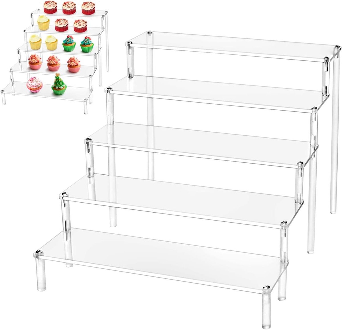 CSGoods - Transparante Display Stands voor Sieraden Verkoop Figuren - Acryl Riser Plank Staanders met 5 Niveaus - Geschikt voor Cupcakes en Desserts - Afmetingen 40 x 32 x 25 cm
