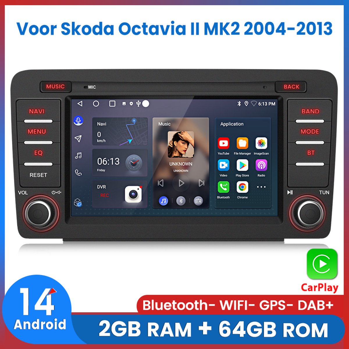 Awesafe Autoradio - Geschikt Voor Skoda Octavia II MK2 2004 t/m 2013 - Draadloos Apple CarPlay & Android Auto - Ram 2GB + Rom 64GB - GPS Navigatie - Bluetooth & Wifi - Radio Scherm - 2004 2005 2006 2007 2008 2009 2010 2011 2012 2013