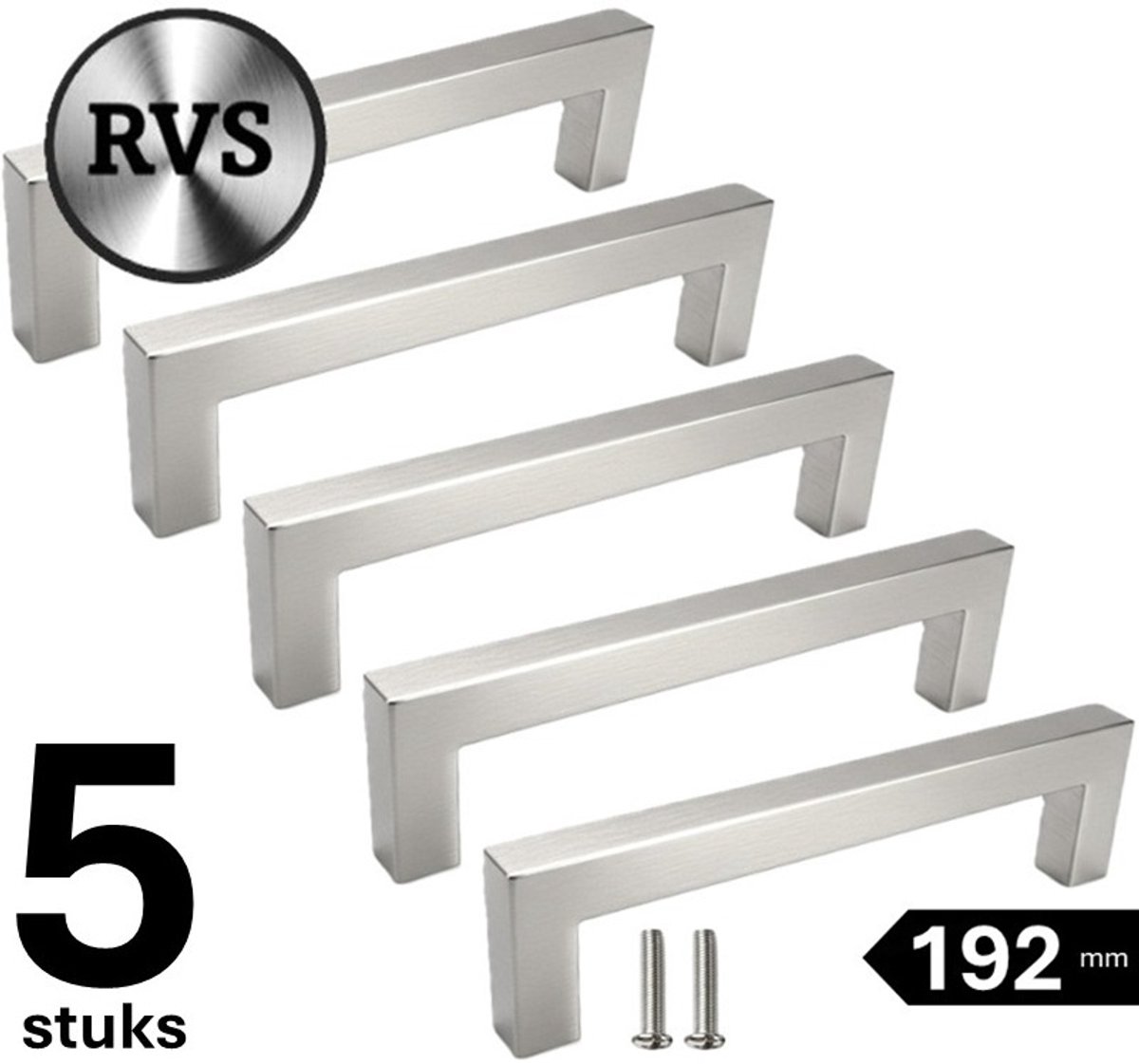 5 X MSQDESIGN Handgrepen RVS - Boormaat 192mm - zilvere Handgreep voor Keuken & Kast - Moderne RVS Meubelgreep - Keukengreep RVS zilver -Kastgrepen- zilvere RVS Greepjes Keuken - RVS Handvatten - Deurgreepjes -incl schroeven