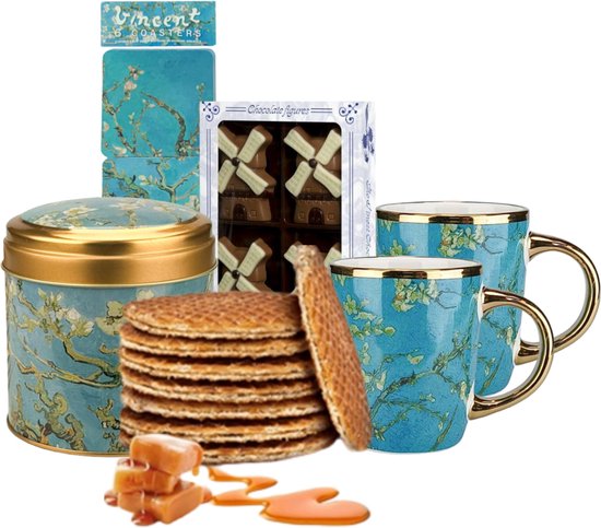 Souvenirs Holland - Fleur d'amandier Van Gogh - Tasses à café - Forfait Holland - Stroopwafels - Cadeaux hollandais - Van Gogh - Moulin