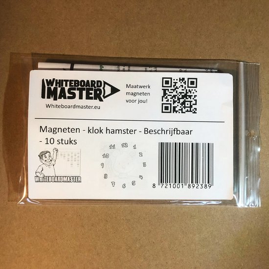 Een verpakking met 10 magneten, waaronder een magneet met een hamsterklok en een whiteboardstift.