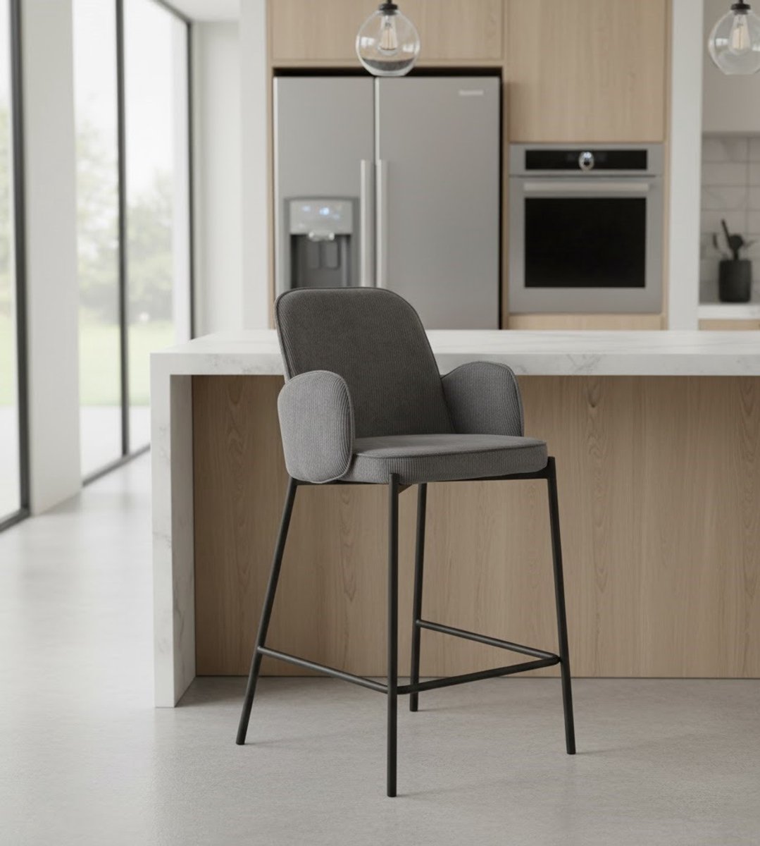 Luxe Ribcord Barkruk "Jari Elegance" 94 cm Donkergrijs met Armleuningen – Hoogwaardig Design – Altameubel