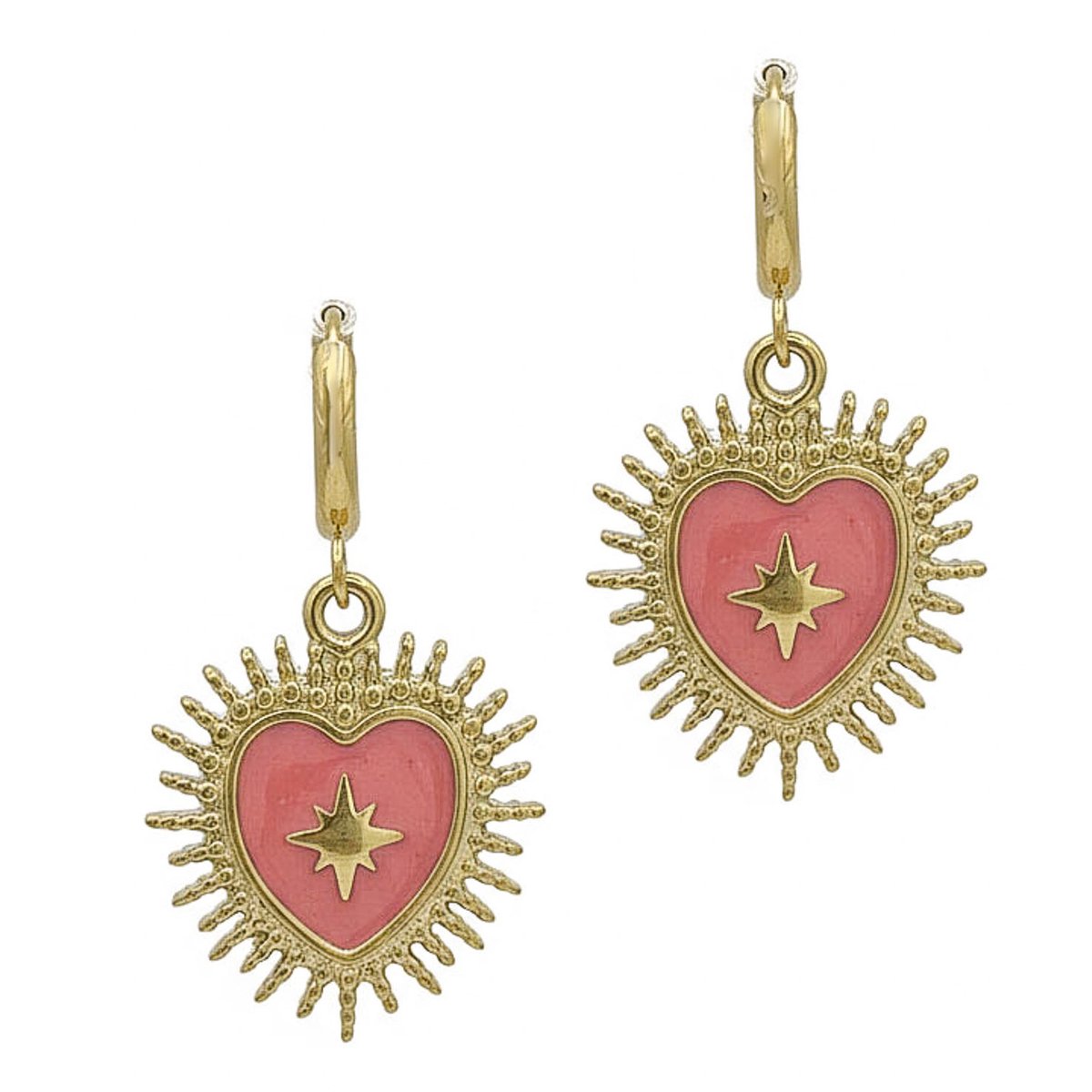 LOUIZ Oorbellen met Bohemian Hartje Roze - Oorbellen tienermeiden - RVS Stainles Steel, nikkelvrij, hypoallergeen en waterproof - Meisjes Oorbellen - Roze Oorbellen