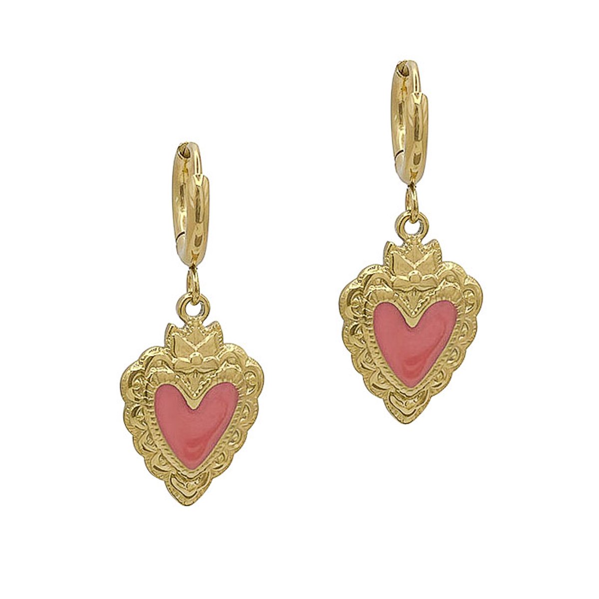 LOUIZ Oorbellen met cute hartje roze - oorbellen meisje hangertjes - Goud Stainless Steel - Hypoallergeen, Nikkelvrij en Waterproof