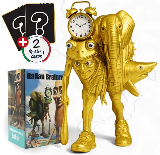 Figurine dorée avec réveil sur la tête, portant un éléphant, un poisson et un requin. Livrée avec 2 cartes mystères.