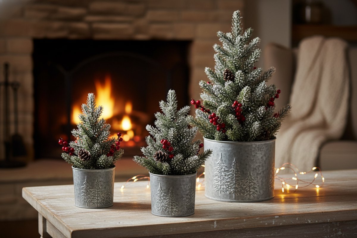 Bloempot metaal set van 3 - Potjes voor kleine kerstbomen - Opbergpotjes landelijk - Plantenbak grijs