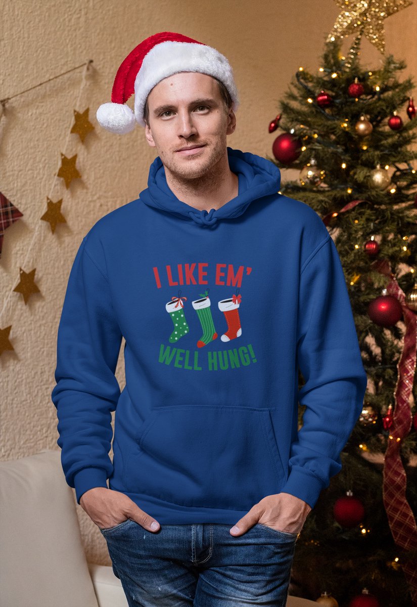 I Like ’Em Well Hung - Kerst Hoodie - Kerst Trui Navy - Grappig Hoodie - Maat XXL - Limited Edition