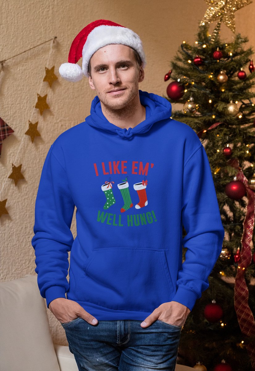 I Like ’Em Well Hung - Kerst Hoodie - Kerst Trui Blauw - Grappig Hoodie - Maat M - Limited Edition